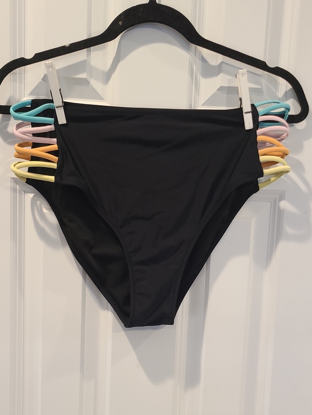 Black High-Waist Swim Bottoms with Pastel Side Straps